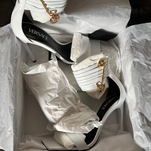 VERSACE Safety Pin Lambskin Leather Stiletto Sandals Size 40